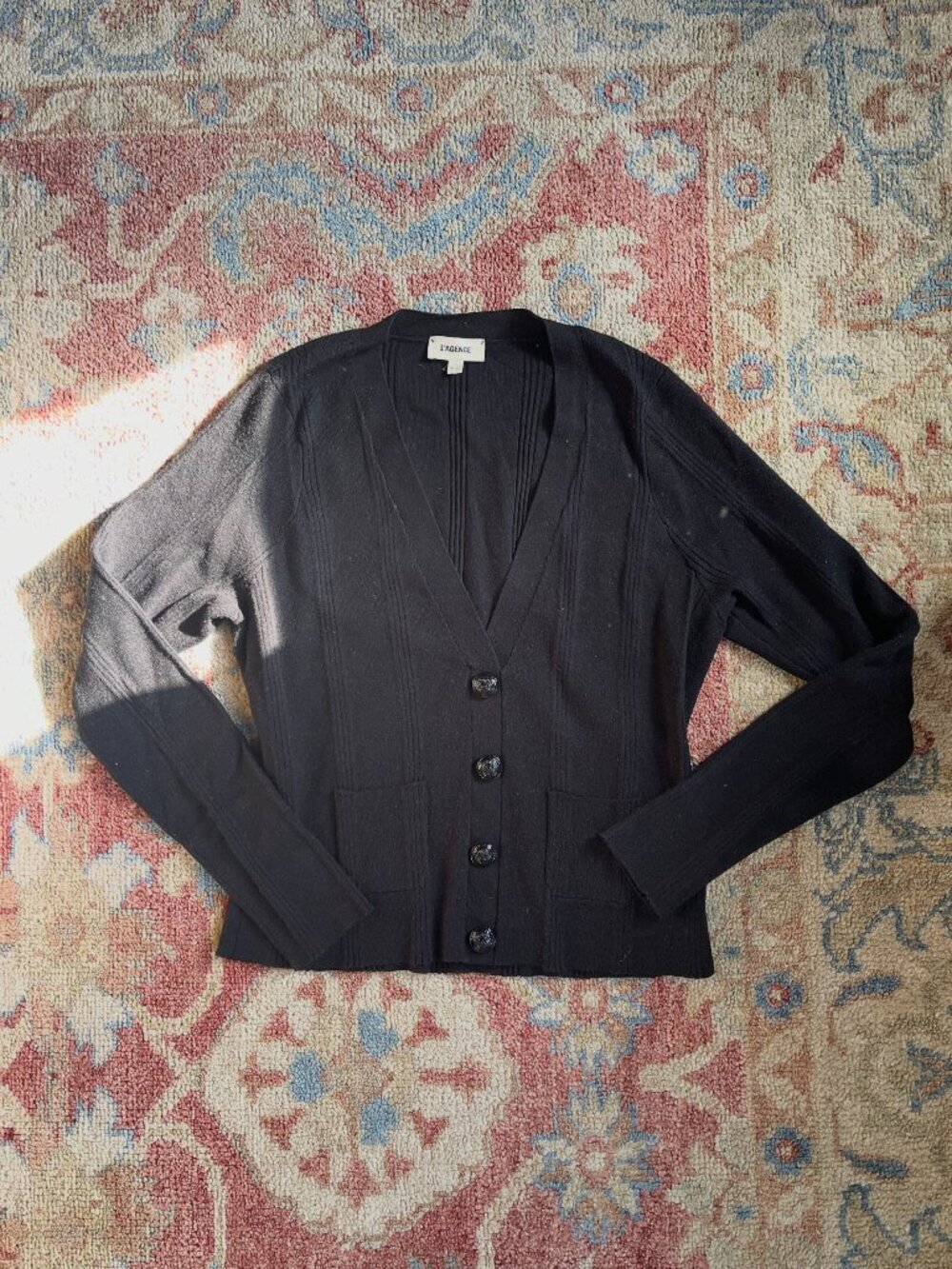 L’Agence Black V-Neck Button Front Sweater — Size L
